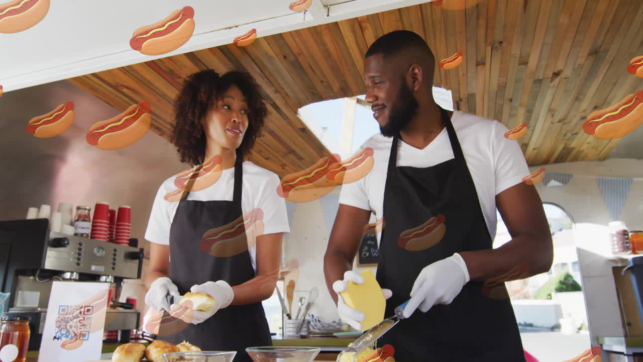 Preparing food, two chefs in kitchen with hot dog animation