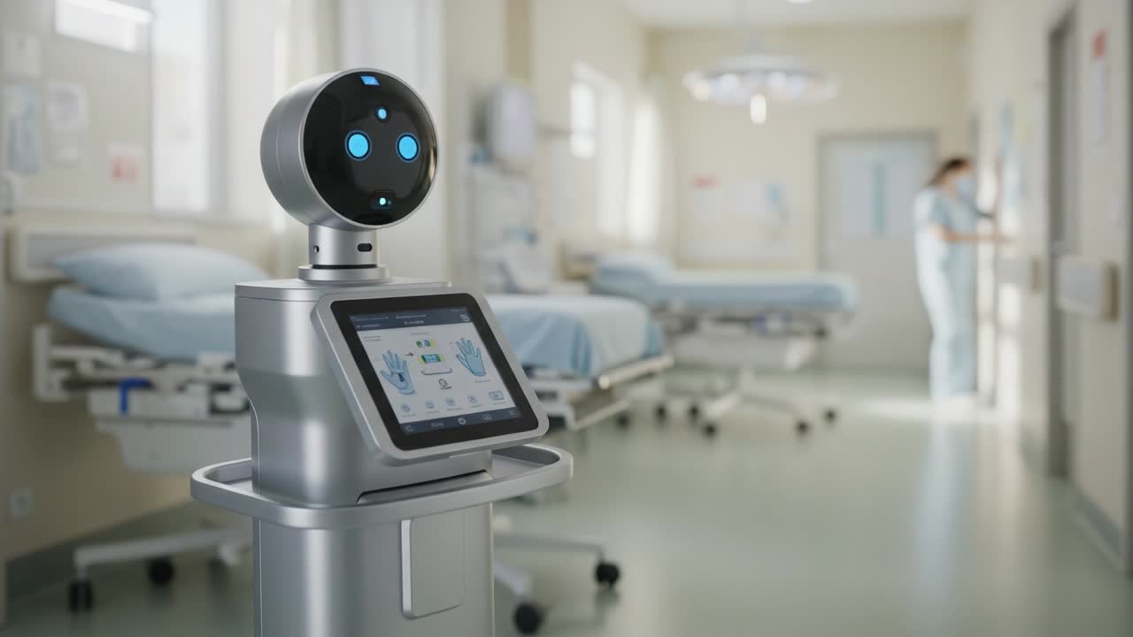 Advanced Healthcare Robot in Hospital Setting Showcasing Technological Innovations in Patient Care and Medical Automation