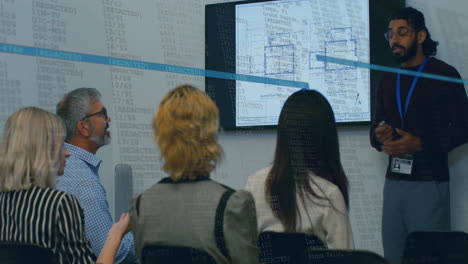 animación del procesamiento de datos financieros sobre diversas personas de negocios en la oficina