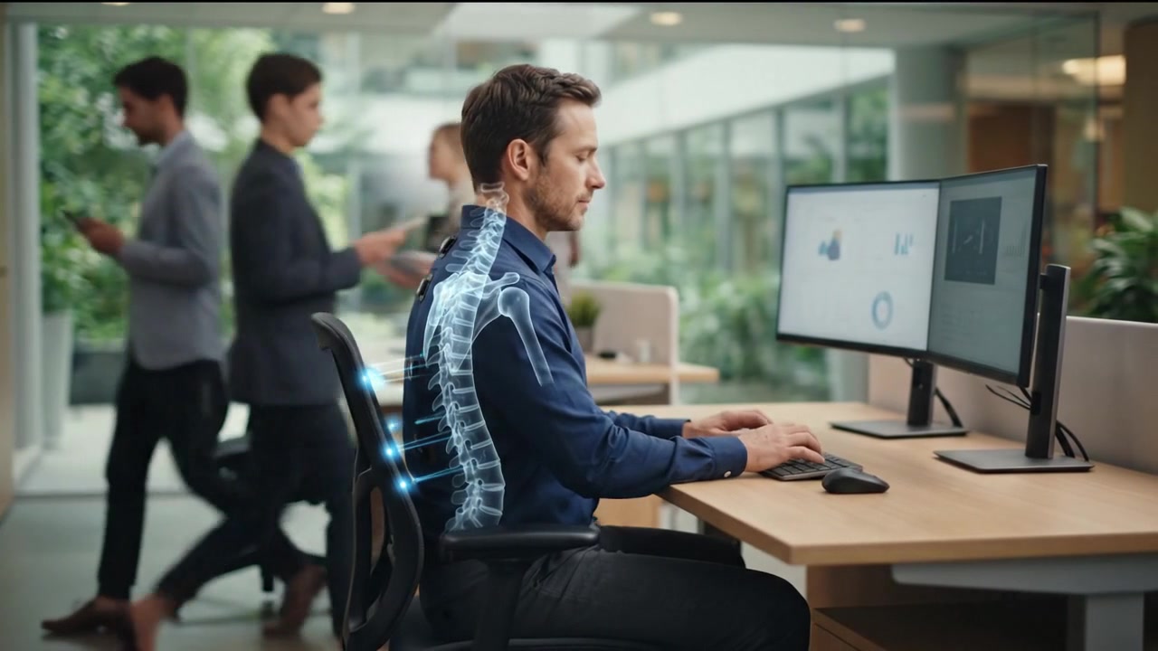 Male office worker viewing data on a desktop computer monitor during professional computer based office work