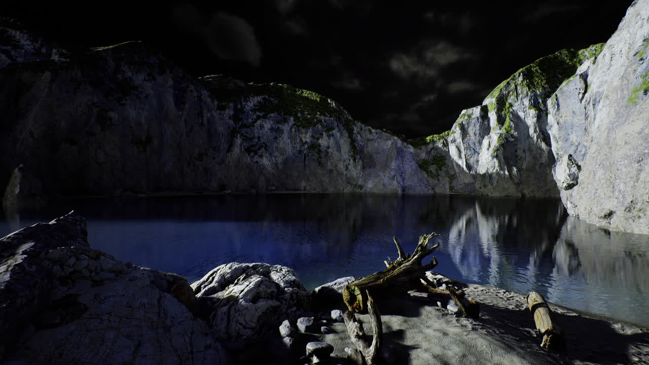 Calm night at a serene lake surrounded by rugged cliffs in a peaceful setting