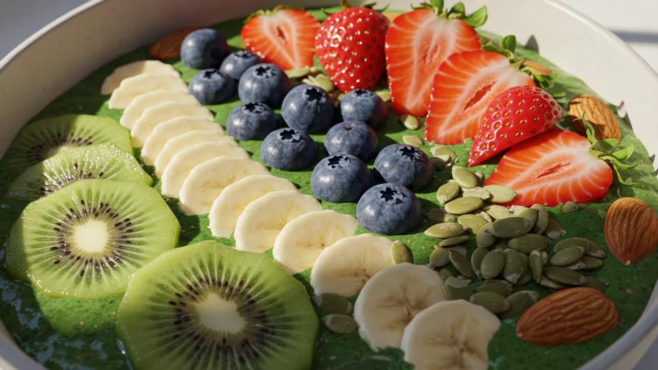 Vibrant and Nutritious Smoothie Bowl Topped with Fresh Fruits and Nuts: A Colorful Medley of Kiwi, Banana, Strawberry, Blueberry, and Almonds for a Healthy Breakfast