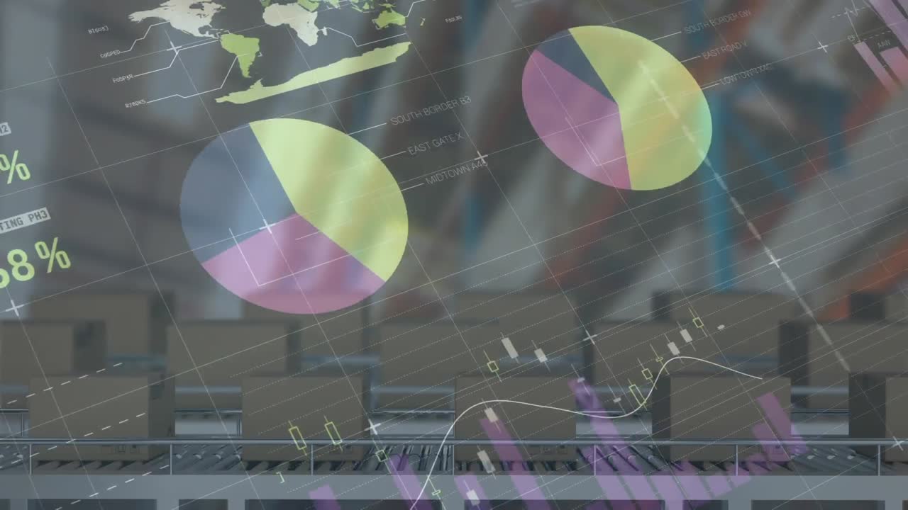 animación del procesamiento de estadísticas sobre cajas de cartón en cintas transportadoras en el fondo