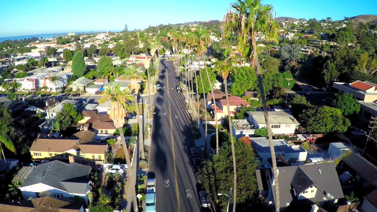 남부 캘리포니아의 야자수가 늘어선 거리를 가로지르는 아름다운 공중 촬영