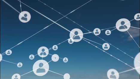 animation of network of connections with icons over blue sky