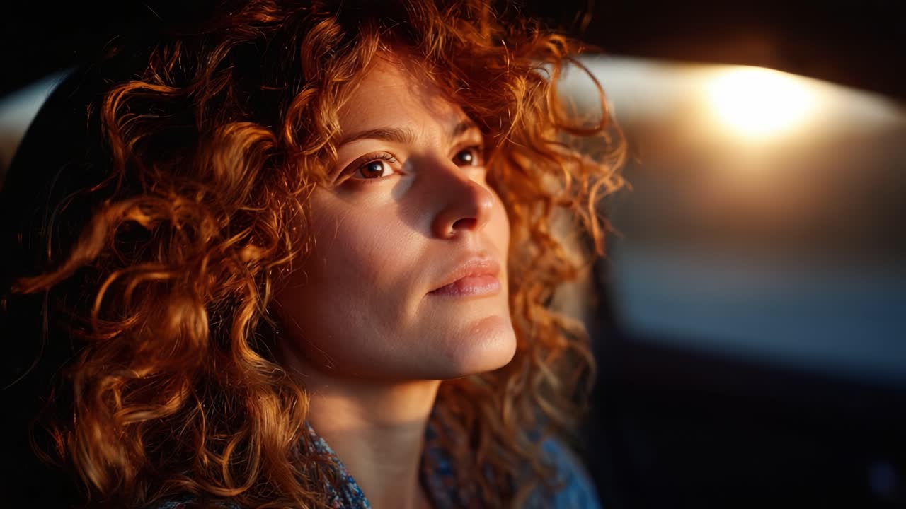 A Moment of Tranquility: A Woman Enjoys the Warm Glow of Sunset Inside a Car, Reflecting on Life and Embracing Serenity Amidst a Busy World