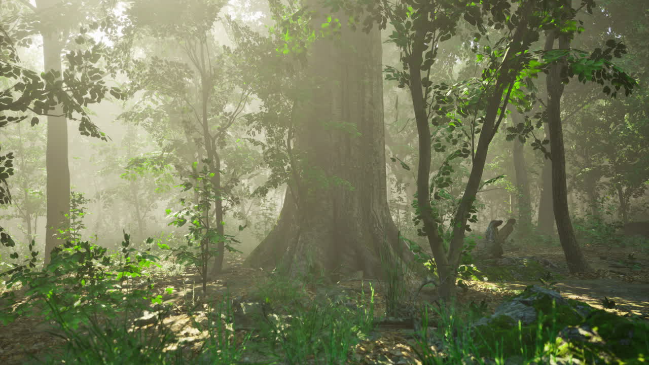 Majestic forest with towering trees in the morning light