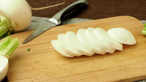 japanese white fresh vegetable turnip root. sliced daikon radish
