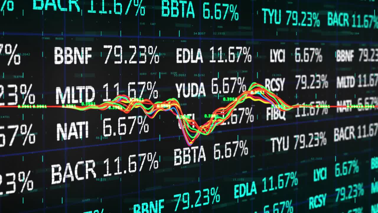 Animazione di elaborazione dati e borsa con linee colorate in movimento su sfondo nero