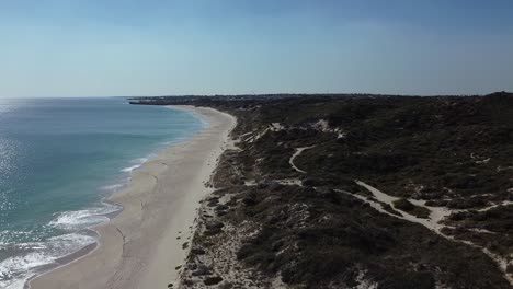 Aerial-View-Over-Beautiful-Beach-And-Dunes,-Mindarie,-Perth-Australia
