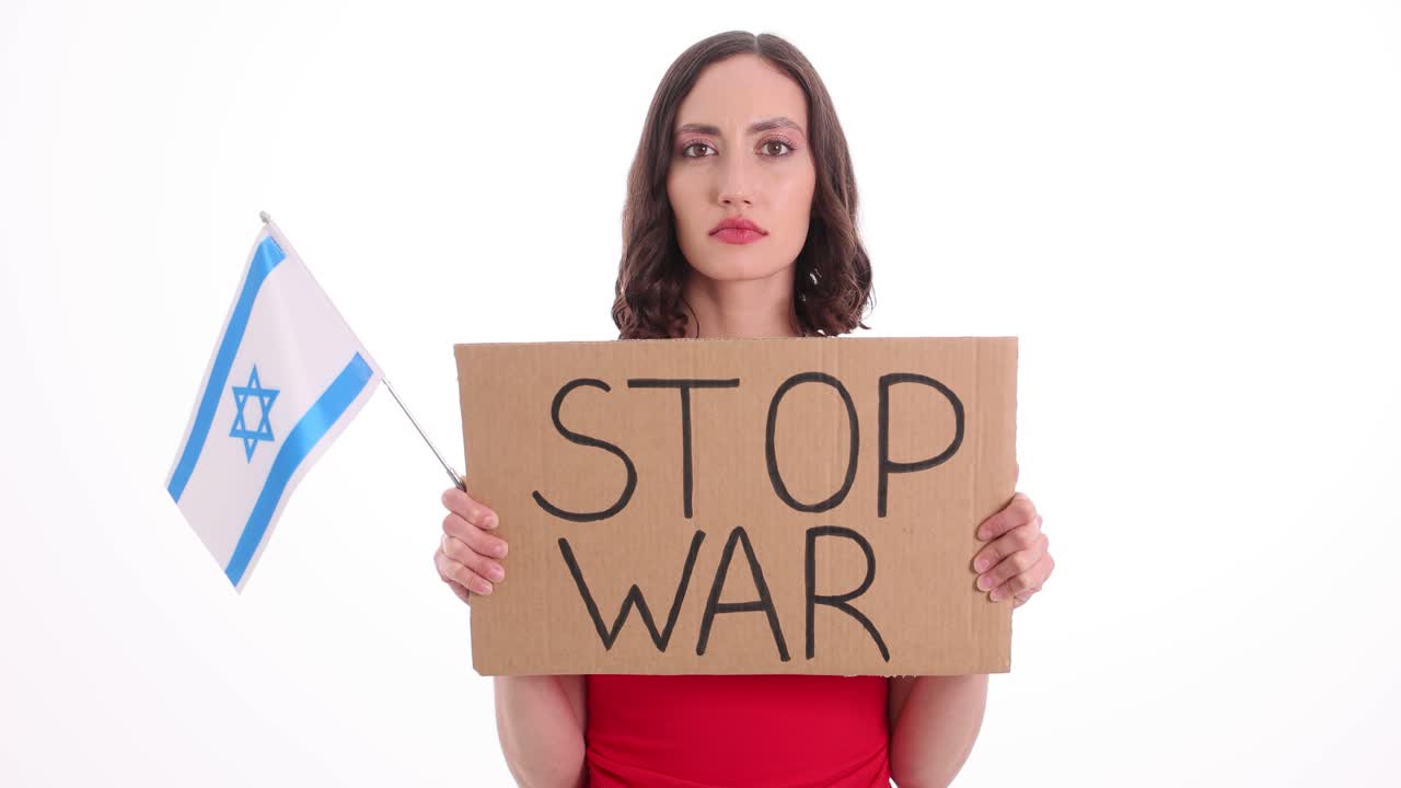 Young Woman Holding 'Stop War' Sign and Israeli Flag