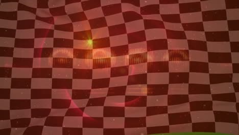 animation of flashing lights over waving black and white racing flag