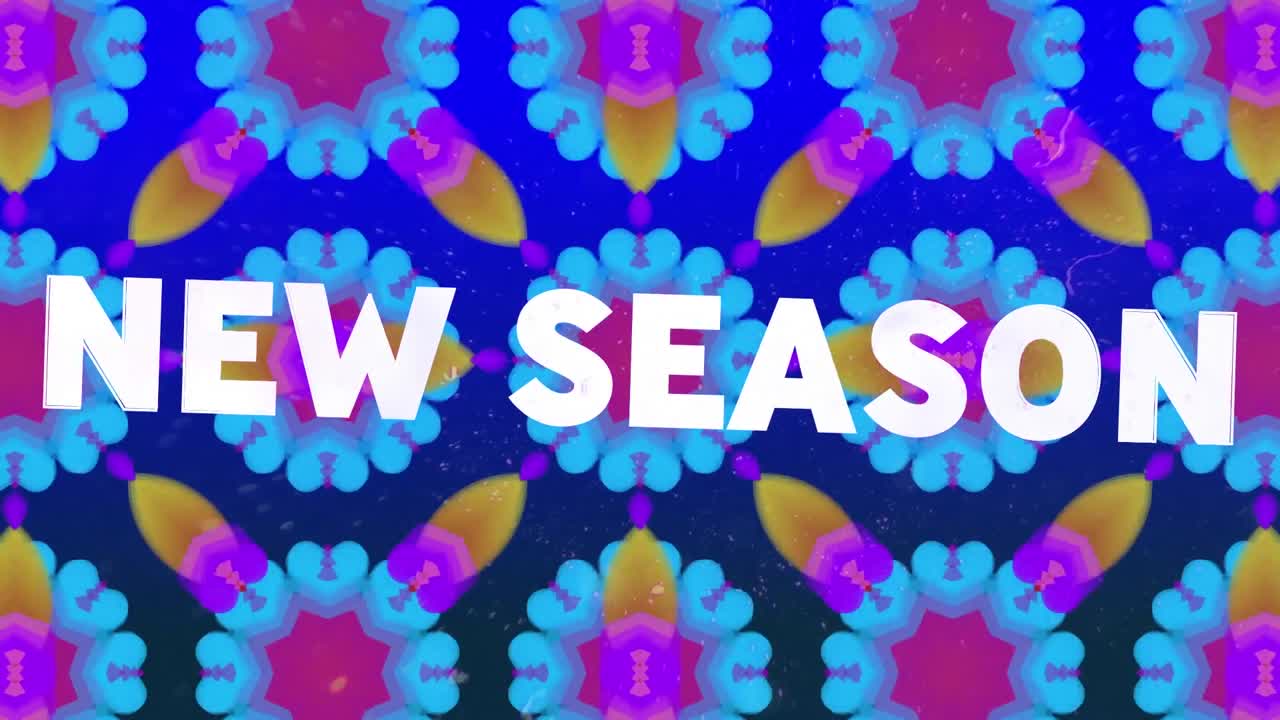 ⁇ 색 텍스트를 분홍색과 파란색 칼레이도스코프 패턴 위에 왜곡하는 새로운 시즌의 애니메이션