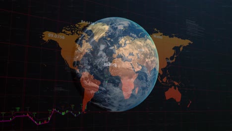 Animation-of-globe-and-numbers-over-world-map-and-graphs-on-black-background