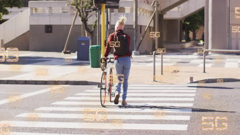 Animation-of-5g-text-and-data-processing-over-albino-man-crossing-road