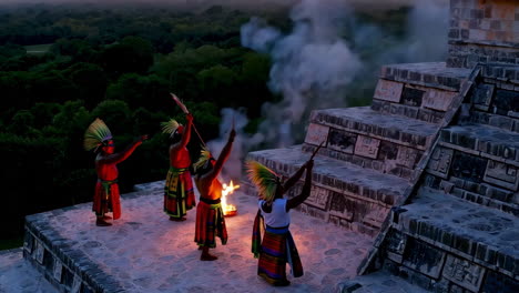 mayan ritual at sunrise on the ancient pyramid
