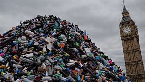plastic waste pile in front of big ben
