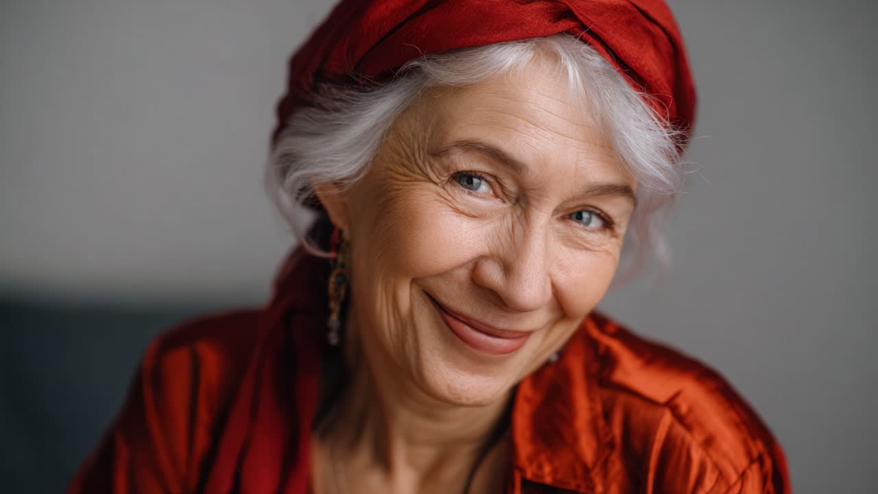 A Joyful Elderly Woman Smiling with Grace and Elegance in a Vibrant Red Outfit and Headwrap, Capturing the Essence of Wisdom and Joy in Everyday Life