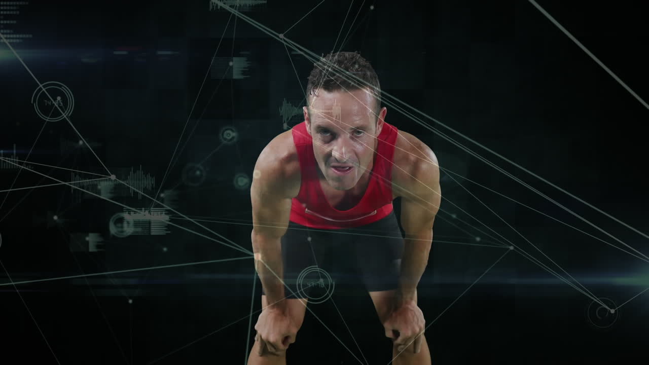 검은 바탕에 피곤한 남성 운동 선수에 대한 연결 네트워크의 애니메이션