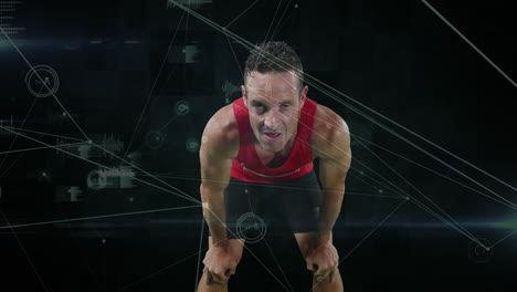 animación de una red de conexiones sobre un atleta cansado sobre un fondo negro