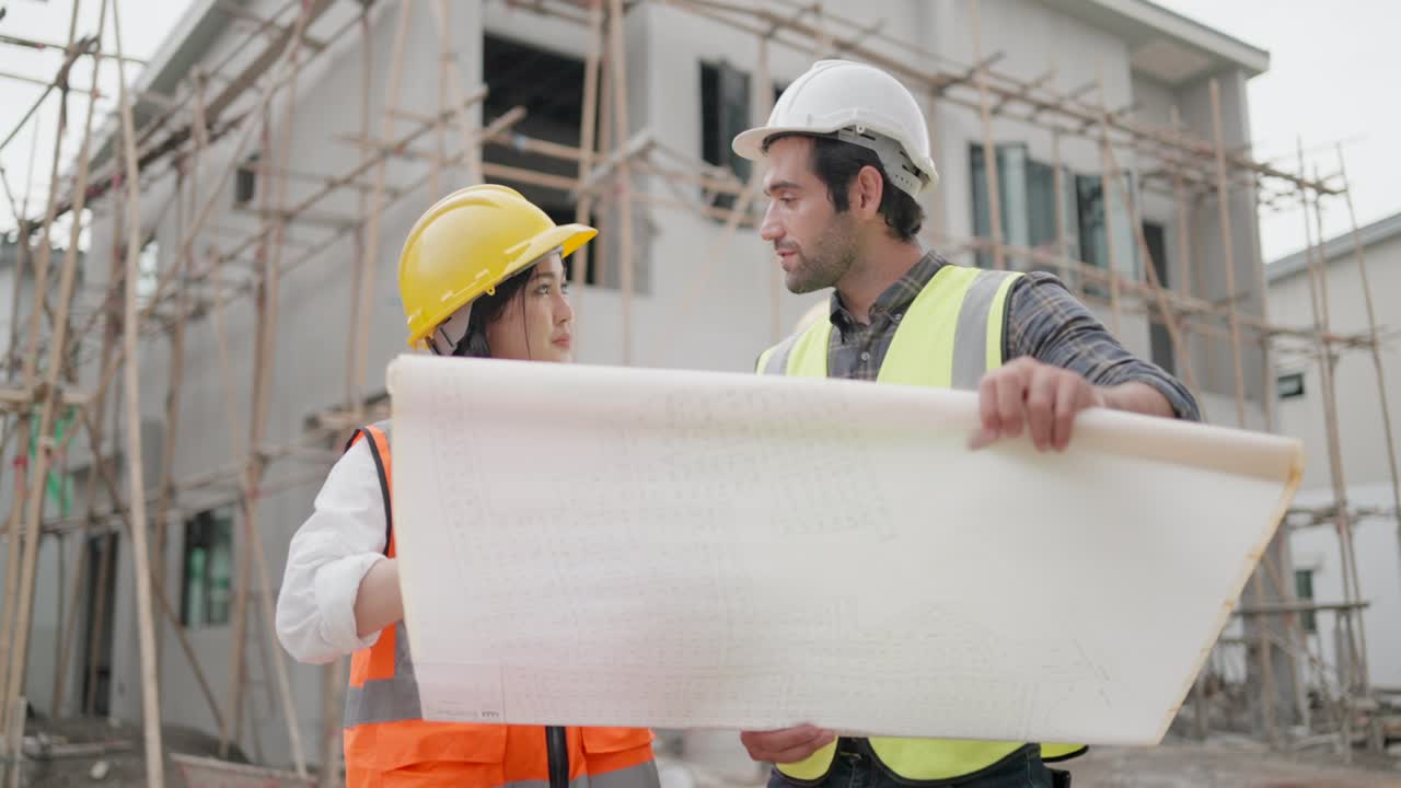 ingeniero civil masculino y arquitecta femenina mirando y hablando sobre estilos de construcción en planos, inspeccionan el progreso del proyecto de vivienda en sitios de construcción. equipo contratista que trabaja en el negocio inmobiliario.