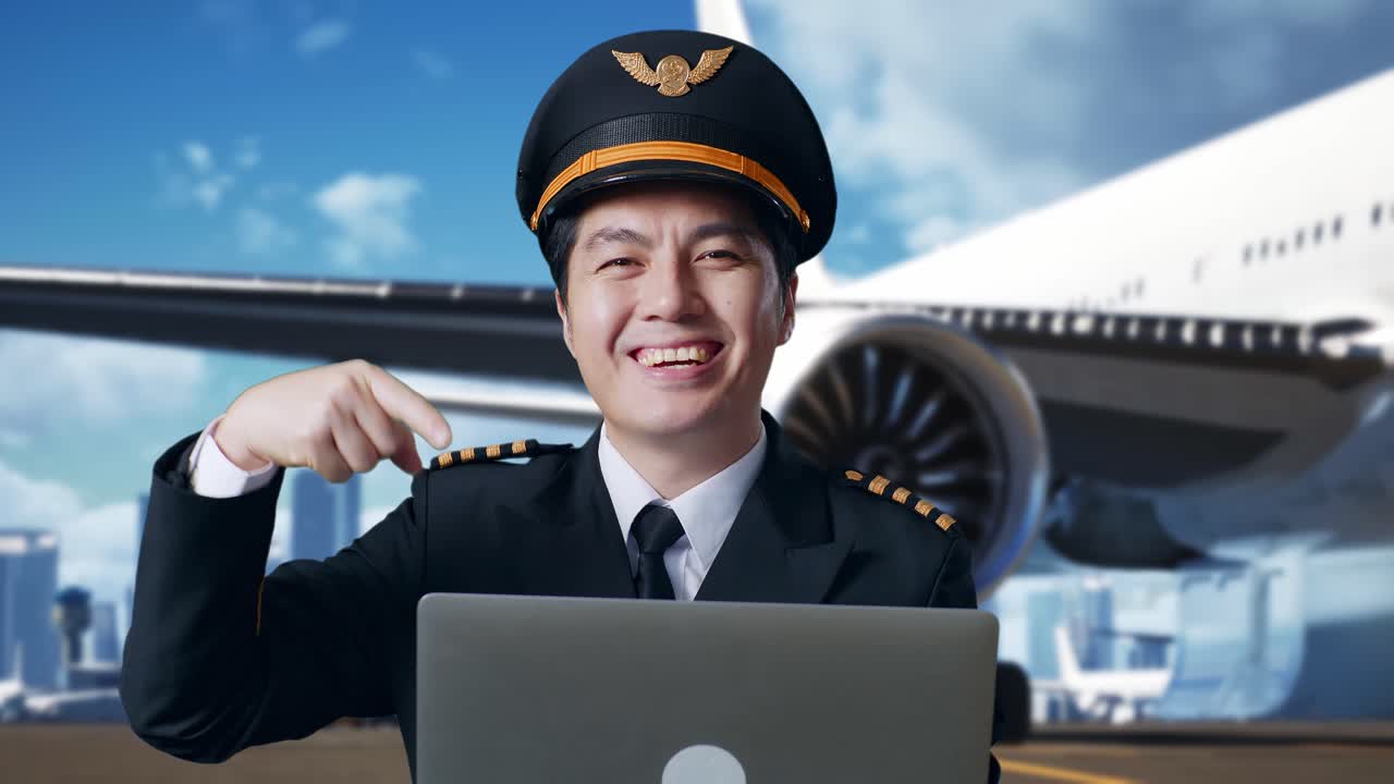 아시아 남자 조종사가 웃으며 손에 노트북을 가리키며 배경에 비행기를 가지고 공항에 서 있습니다.