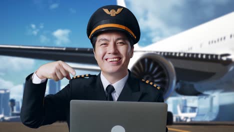 close up de piloto de hombre asiático sonriendo y señalando a una computadora portátil en su mano mientras está de pie en el aeródromo con el avión en el fondo