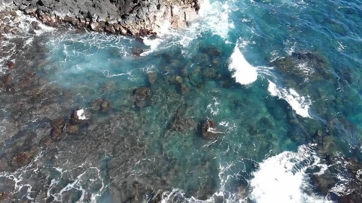 Sospeso immobile sopra le onde del Pacifico che si infrangono contro scogliere vulcaniche.