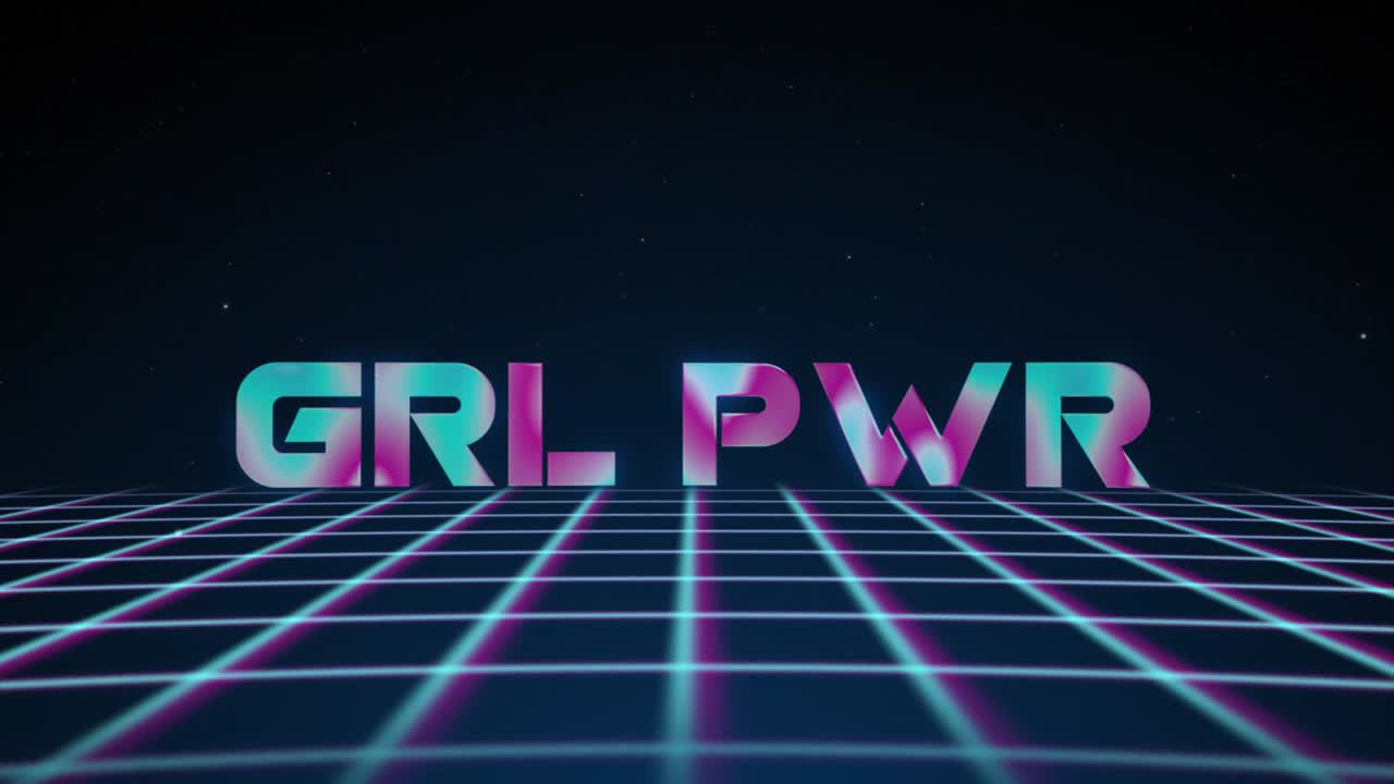 Synthwave wireframe net 80s with text GRL PWR. Retro futurism background. 3d illustration render seamless loop. 4k