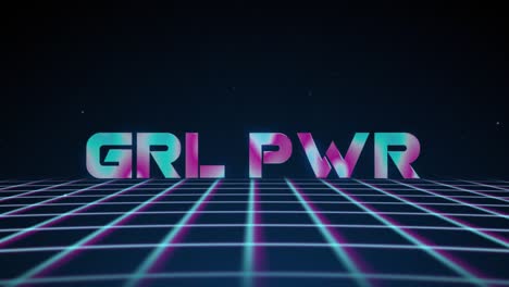 synthwave wireframe net 80s with text grl pwr. retro futurism background. 3d illustration render seamless loop. 4k