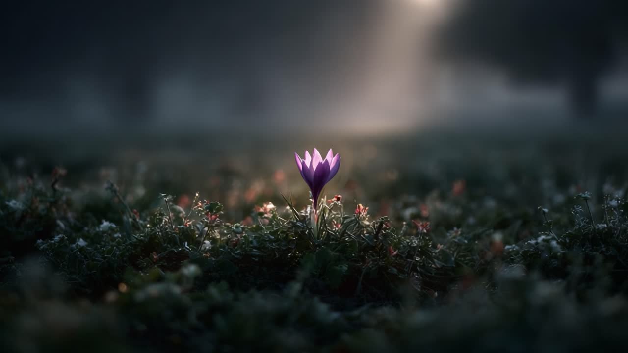 A Resilient Flower Blooms Radiantly in a Misty Landscape, Illuminated by Soft Light and Surrounded by Dewy Grass, Signifying Hope and Renewal Amidst Nature's Embrace