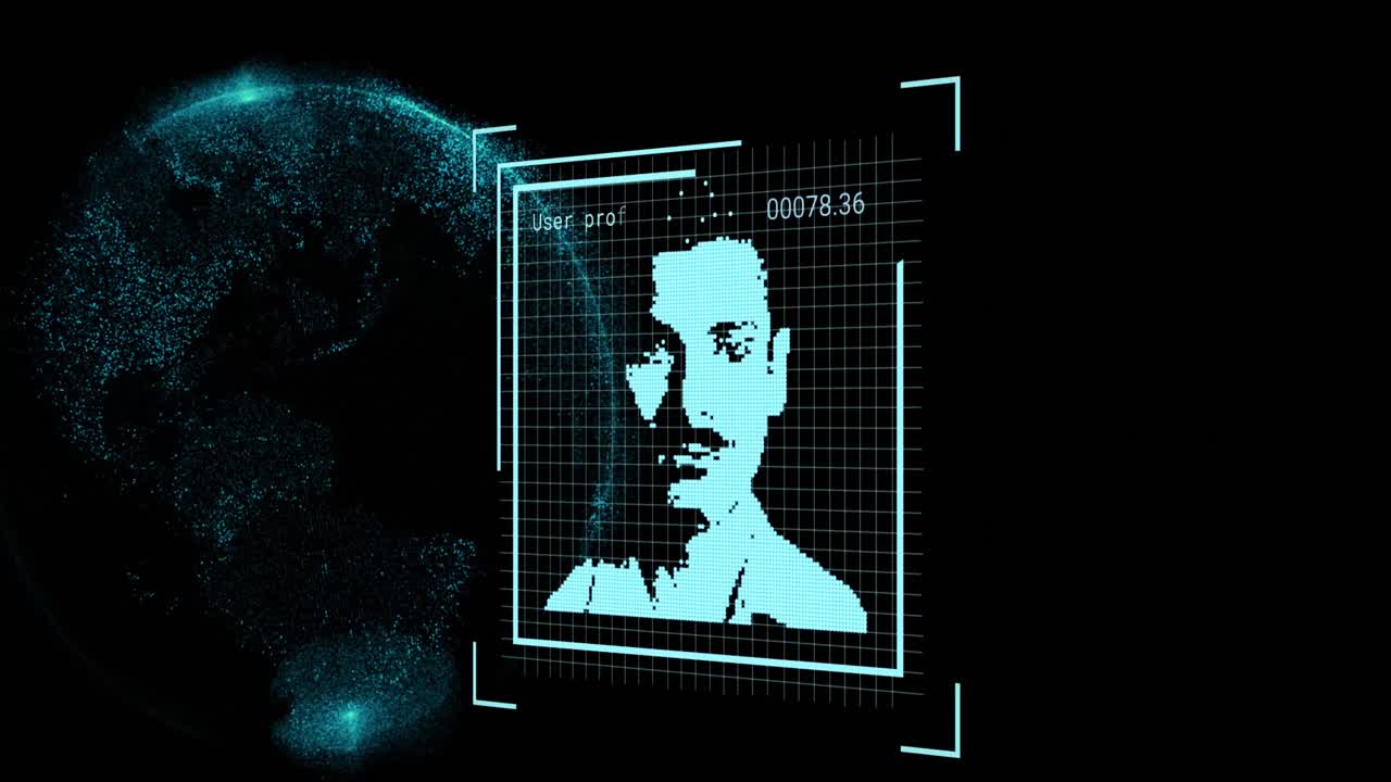 animación de fotos de usuario, globo y procesamiento de datos en espacio negro