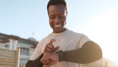 outdoor, smart watch and black man with fitness