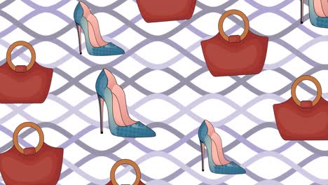 Animation-Von-High-Heels-Und-Handtasche-Wiederholt-Auf-Weißem-Hintergrund