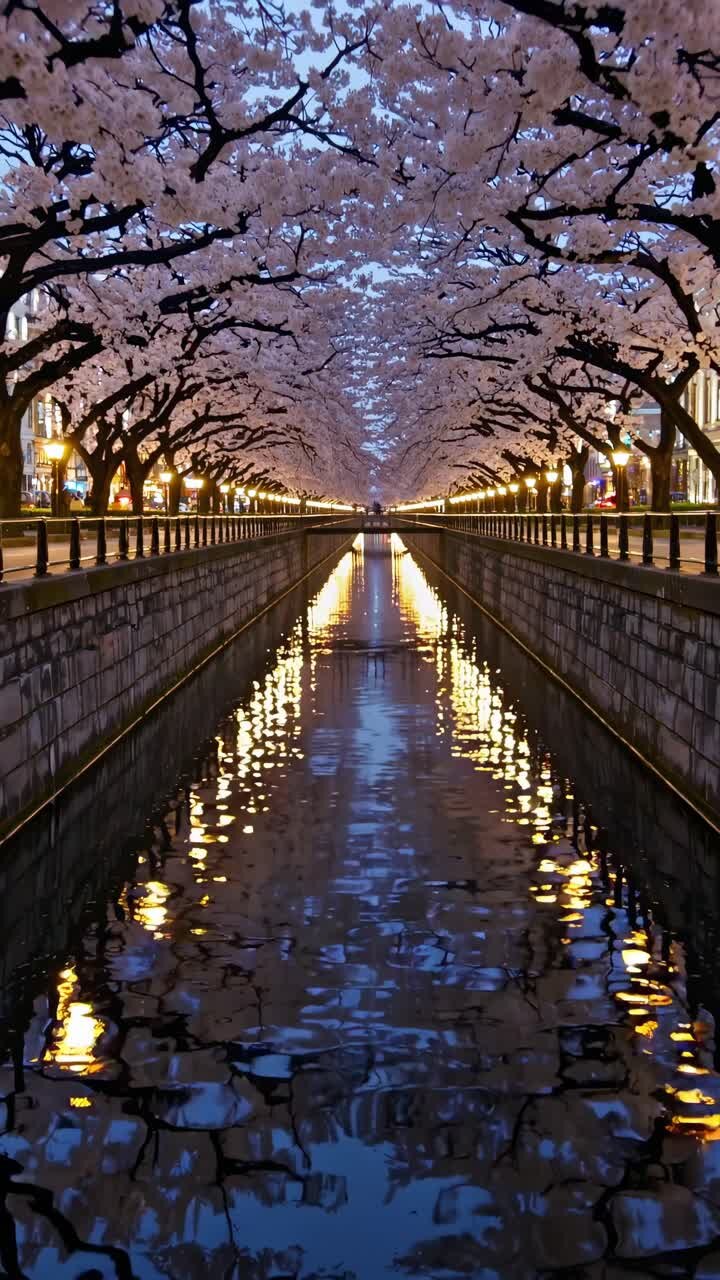 A serene, symmetrical view of cherry blossoms lining a canal at dusk, captured from a low angle