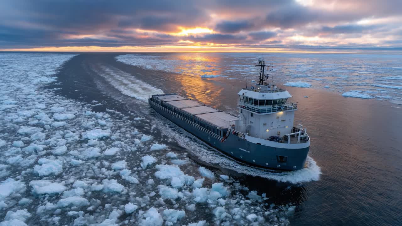 A Cargo Ship Navigating Through Ice Floes at Sunset, Creating Wake in the Open Water, Showcasing the Beauty of Nature's Frozen Landscape