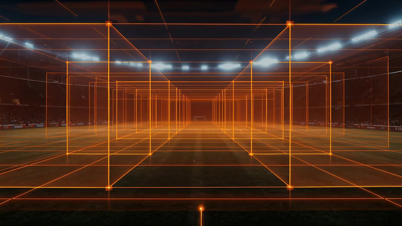 Animation starting, forming glowing orange wireframe tunnel over stadium turf, showing corner nodes