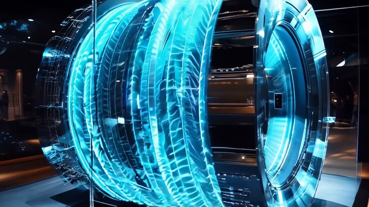 A large blue and black machine that is inside of a building