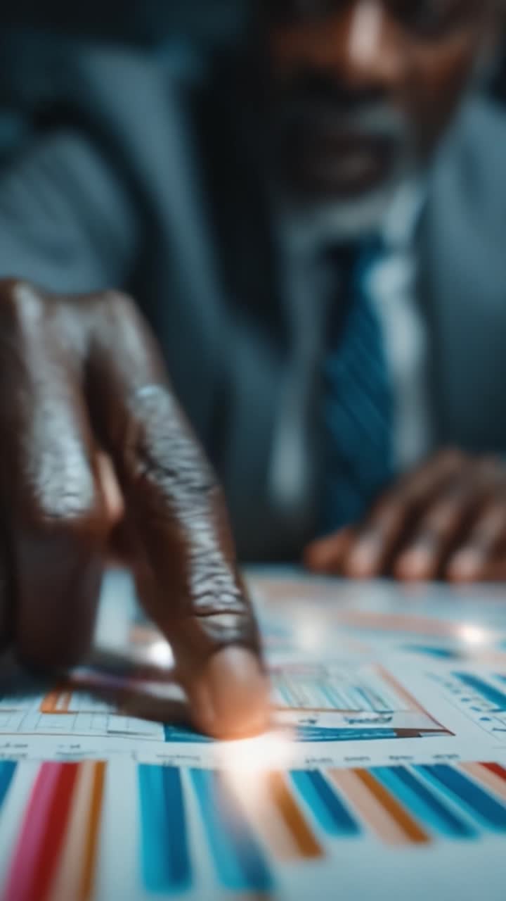 Analyzing Data Trends: A Focused Examination of Graphs and Charts by a Professional in a Tailored Suit, Highlighting Analytical Skills and Precision
