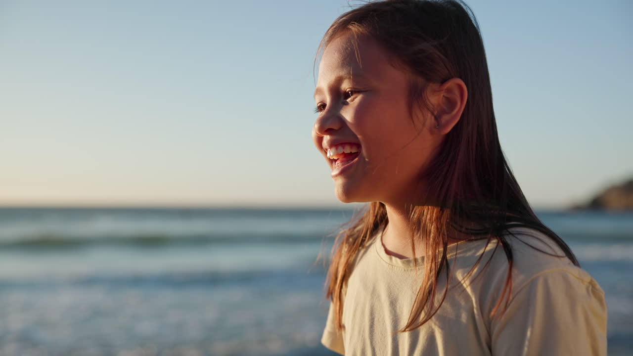 Kid, smile and hug dad at beach