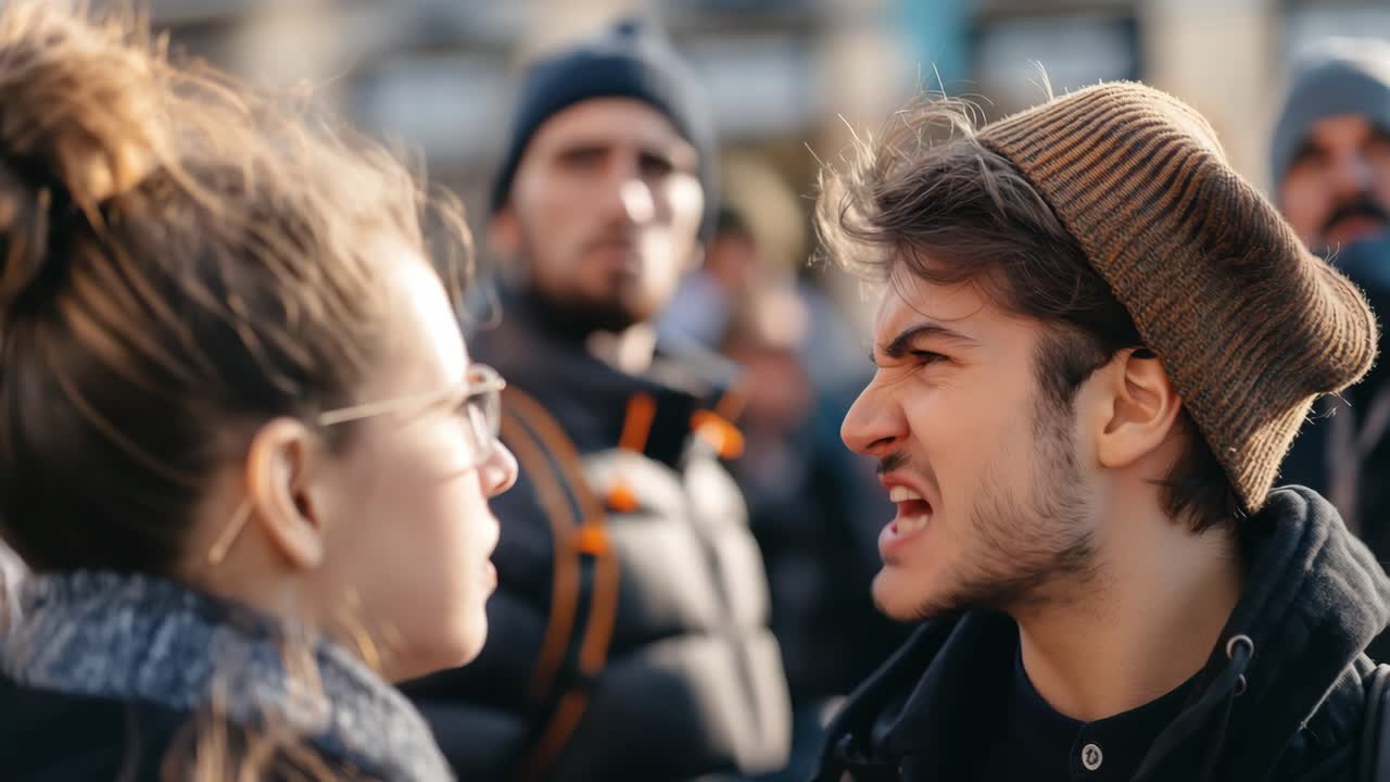 Young protesters engaging in heated argument during demonstration, intense confrontation unfolding with crowd observing tense interaction on urban street