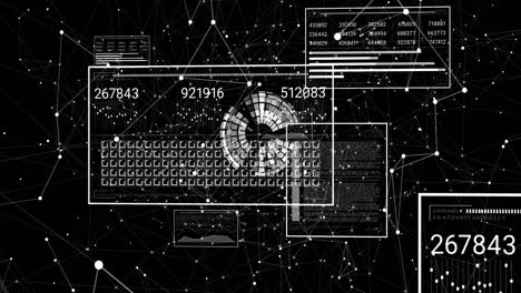 animation of network of connections and data processing over globe on black background