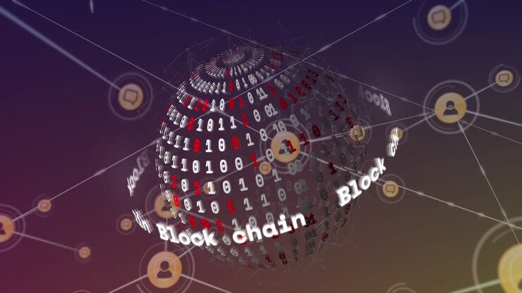 Animazione di una rete di icone digitali e banner di testo blockchain su un globo con codice binario