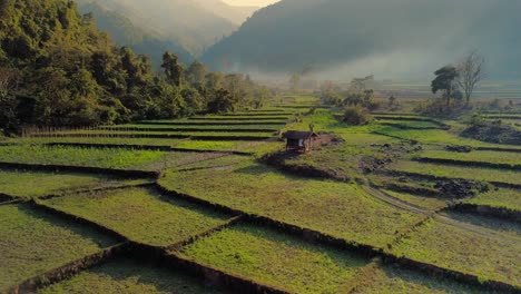 Místico-Valle-Fértil-Y-Cultivos-En-Mosaico-Vuelan,-Con-Un-Suave-Sol-Vespertino-Y-Una-Luz-Mística