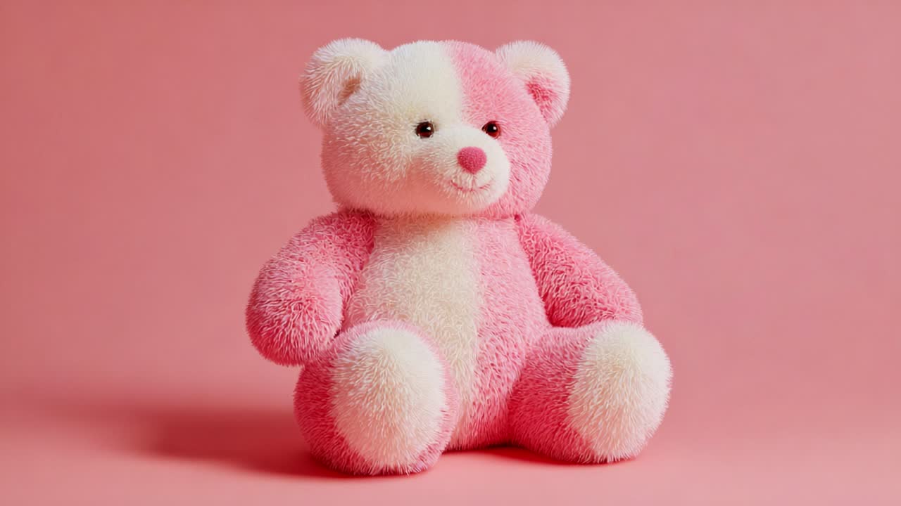A delightful and colorful plush teddy bear with a pink and white fur design, sitting against a soft pastel background, radiates warmth and charm, perfect for bringing joy to any space