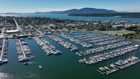 Orbiting-aerial-shot-of-the-Anacortes-marina,-home-of-many-resident's-boats