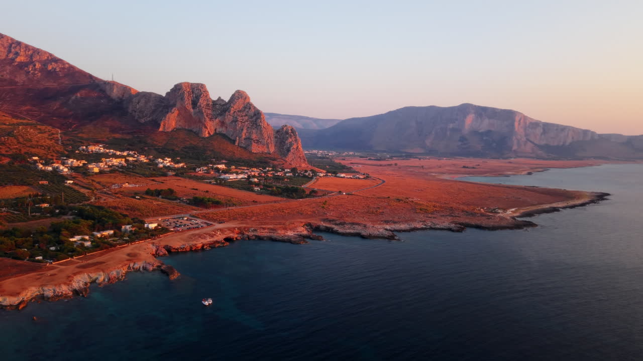 Scenic aerial view of Sicily coast at sunset with peaceful landscape vibes