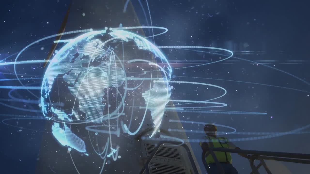 animación de la red de conexiones con el globo sobre la turbina eólica y el ingeniero masculino en el fondo