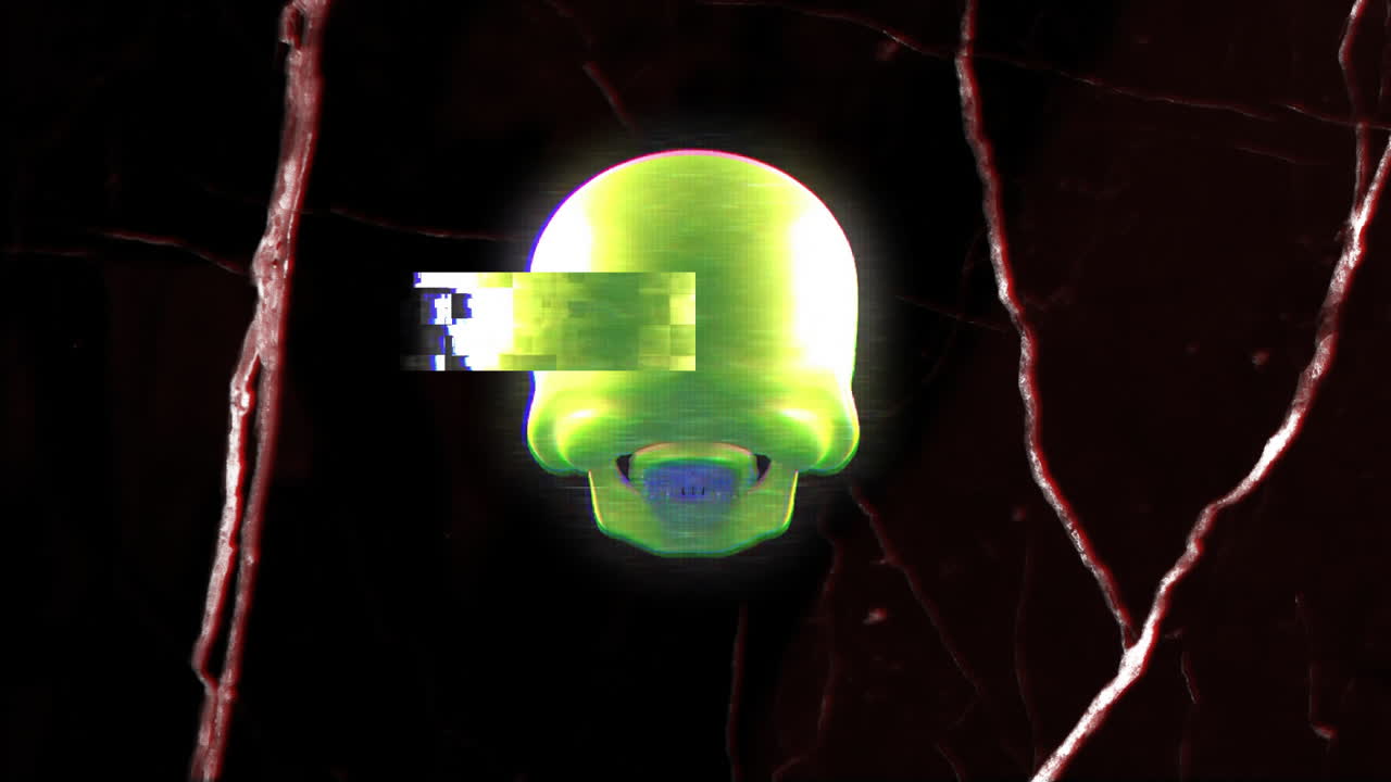 Animation of green human skull, moving and changing pink texture and copy space on black background