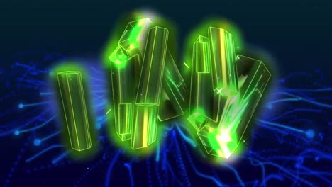 Animation-of-cluster-of-glowing-green-metallic-rods-floating-over-blue-currents-on-black-background